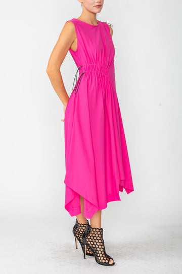 Pink One Shoulder and Side Cord Drawstring Asymmetrical Dress